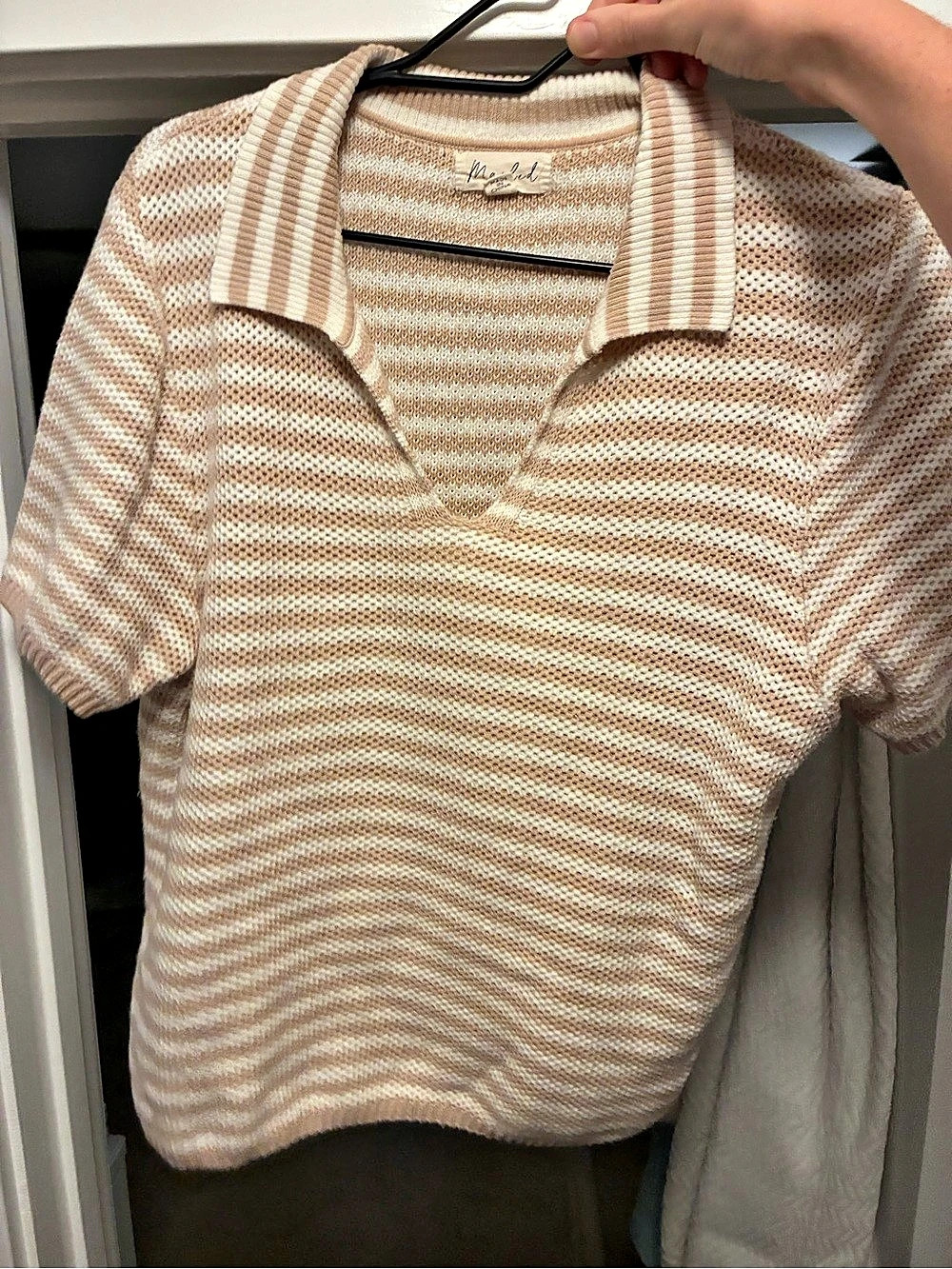 Striped Knit Polo in Beige & White